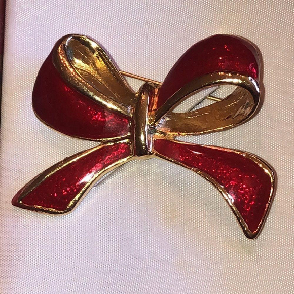 Ali Signed Vintage Red Enamel Bow Brooch Shoulder Pin - Picture 1 of 10